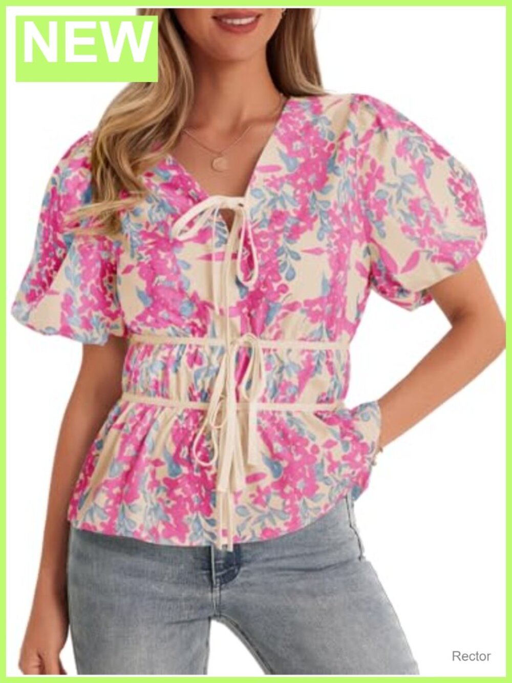 Peplum Blouse V Neck Puff Sleeve Bow Tie Floral Babydoll Top